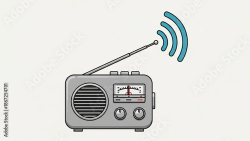 A vector graphic illustration of a vintage radio with a signal wave emitting from its antenna