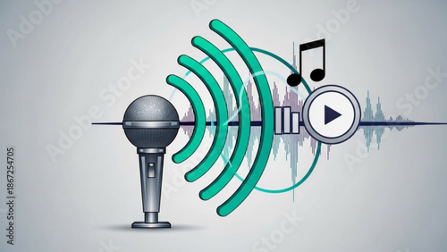 A vector graphic illustration of a microphone with sound waves and music symbols