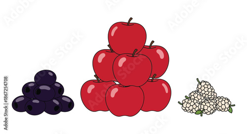 Piles of dark grapes, bright red apples, and white berries form three separate fruit.