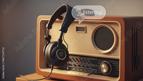 A vintage radio with a pair of black headphones hanging from it and a speech bubble saying listening