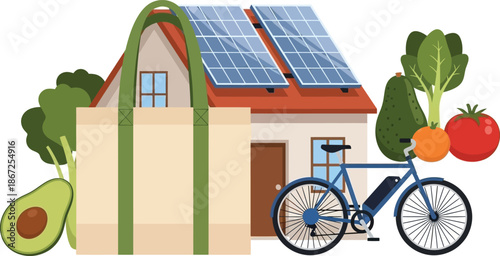 Sustainable living illustration solar panels organic produce and eco friendly transportation