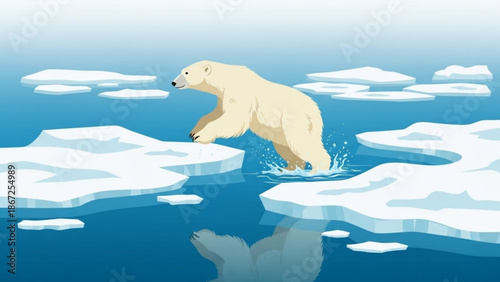A polar bear jumping between melting ice floes in the Arctic Ocean