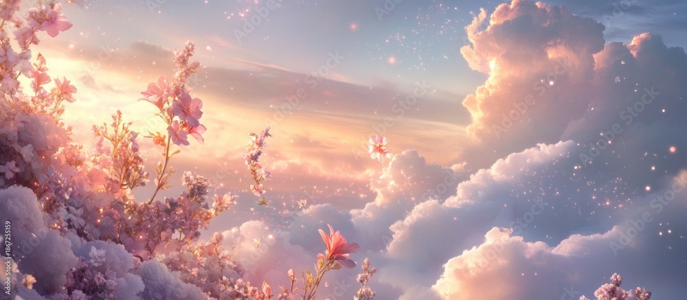 Fototapeta premium Magical winter wonderland with blooming flowers and fluffy clouds.