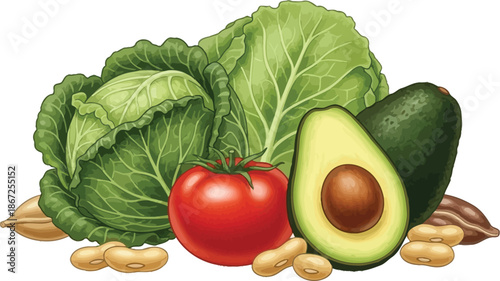 Fresh produce display featuring vibrant cabbage avocado tomato and soybeans