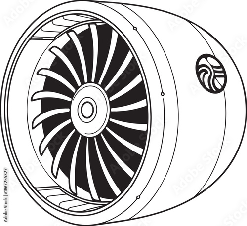 Turbofan Jet Engine Illustration Black and White Line Art Drawing