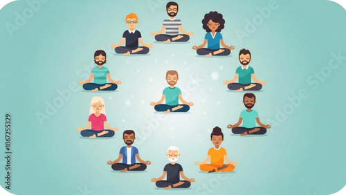 A diverse group of people meditating in a circle in a minimalist vector illustration