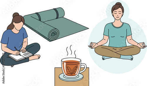 Woman practicing mindfulness with meditation journaling and a cup of tea