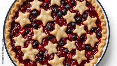 Patriotic mixed berry pie in enamel dish with star crust cutouts for national pie day celebration