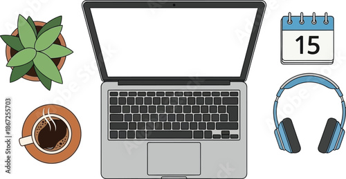Workspace essentials laptop plant coffee headphones and calendar flat lay