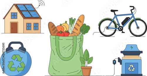 Sustainable living elements solar panels eco friendly transport recycling and fresh produce