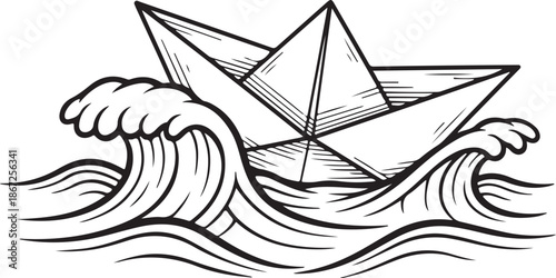 Engraving style illustration of origami paper ship navigating ocean waves.