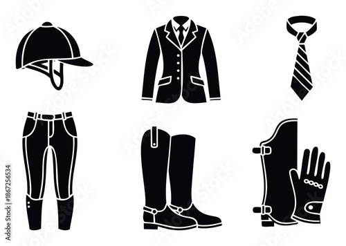 Collection of essential equestrian riding apparel and accessories for horse riding competitions and training, perfect for sports event promotion and hobbyrelated publications.