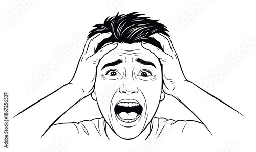 Expressive man screaming loudly in distress with hands on head, conveying intense fear, shock, or anxiety, useful for depicting emotional struggles and urgent situations.