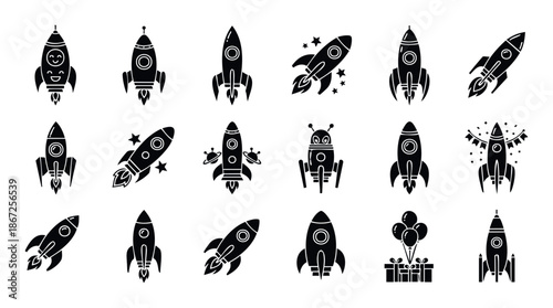 Collection of different rocket icons and spacethemed symbols perfect for illustrating startup success, space exploration, or launching new ideas in apps and presentations
