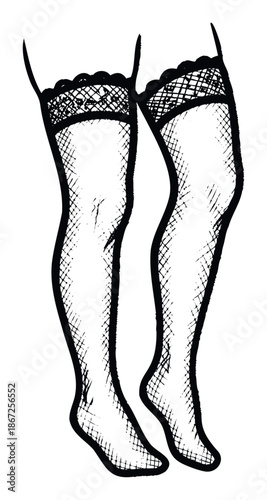 Black and white hand drawn depiction of female legs wearing fishnet stockings with lace tops, perfect for adult fashion blogs, lingerie advertisements, or gothic style event promotions