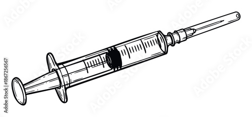 Hand drawn style medical syringe with clear measurement markings and protective cap, perfect for healthcare infographics, educational resources, and pharmaceutical advertising.