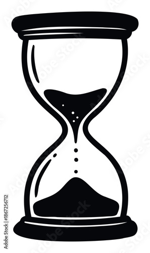 Black hourglass with flowing sand symbolizing the passage of time, deadlines, and duration, ideal for educational content, productivity tools, and conceptual web graphics.