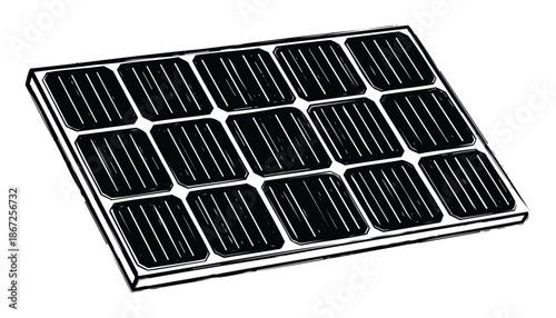 Hand drawn solar panel icon representing renewable energy technology for sustainable power generation solutions, perfect for environmental awareness campaigns and green energy promotions
