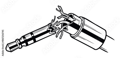 Damaged headphone jack connector with exposed internal wiring, perfect for illustrating technical problems and repair services for electronic devices.
