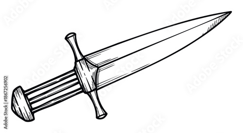 This hand drawn vintage dagger with a sharp blade is perfect for illustrating historical weaponry in video games, fantasy books, or various graphic design projects