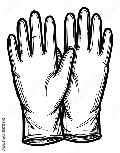 Black and white hand drawn protective work gloves for safety and hygiene purposes, useful for industrial or medical equipment supply catalogs and educational materials
