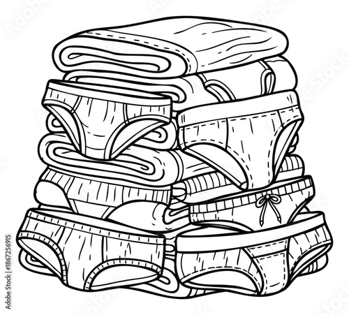 A detailed line drawing showcasing a tall pile of various folded undergarments including briefs and panties along with folded clothing textiles, ideal for depicting laundry care,