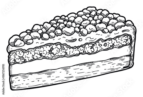 Appetizing layered cake slice with textured topping in a rustic handdrawn style useful for culinary branding recipe books sweet food packaging and menu displays