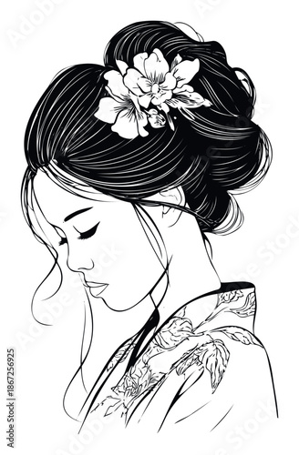 Serene Asian woman gracefully portrayed in traditional kimono with a delicate updo and flower, ideal for cultural events, beauty, and refined graphic assets