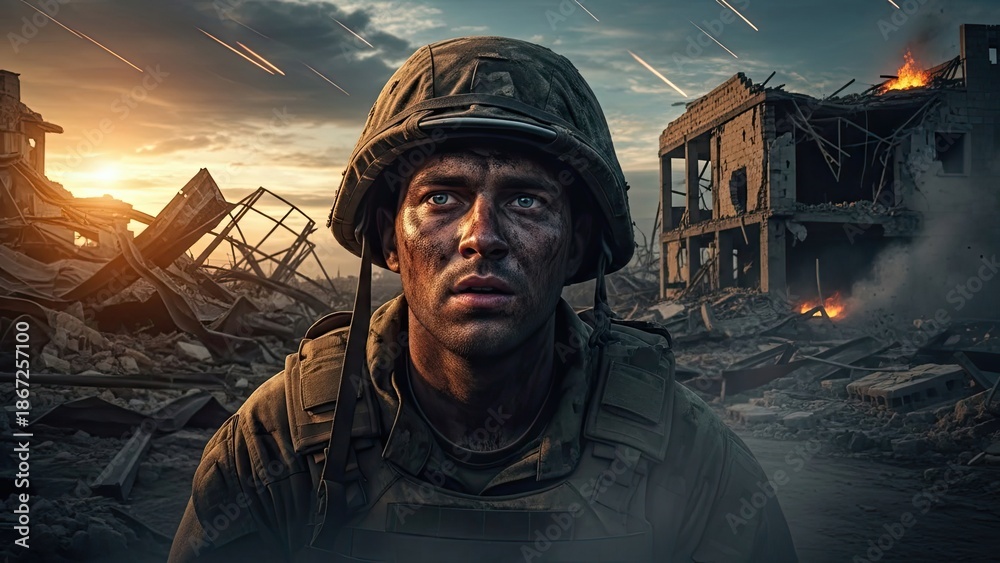Fototapeta premium Soldier's Peril: A soldier stands resolute amidst the desolation of war, his face etched with determination and resolve. The backdrop is a scene of destruction.