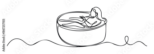 Minimalist continuous line drawing showing a relaxing soak in a bowl or bath, perfect for promoting spa, selfcare, and tranquil wellness related themes