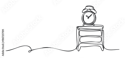 Elegant continuous line sketch of a vintage alarm clock resting on a simple nightstand, ideal for use in interior design blogs, educational materials, or minimalist branding projects