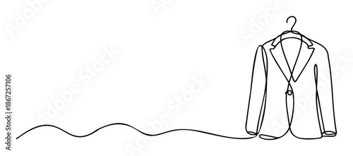 Minimalist continuous line drawing of a business jacket on a hanger, perfect for illustrating professional services, personal styling, or tailoring advertisements.