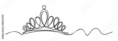 Simple crown illustration drawn with a single continuous flowing line, topped with a charming heart, suitable for sophisticated event invitations, romantic greeting graphics, or elegant