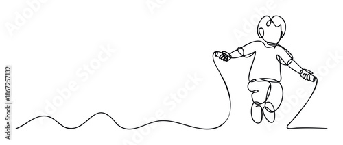 Energetic single line drawing of a child joyfully skipping rope, symbolizing active youth and fitness, perfect for health, sports, or childrens activity themed marketing campaigns and