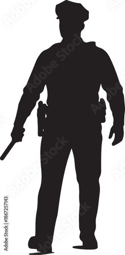 Police Officer Silhouette with Baton Isolated on White Background