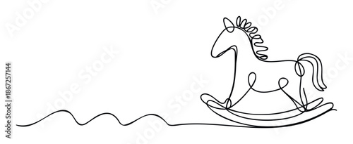 Minimalist continuous line drawing depicting a charming rocking horse on a simple wavy ground line perfect for childrens product packaging, birthday invitations, or playful branding.