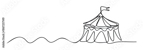 Simple continuous line drawing depicting a classic circus tent with a waving flag, ideal for event promotions, childrens party invitations, and entertainment branding visuals.
