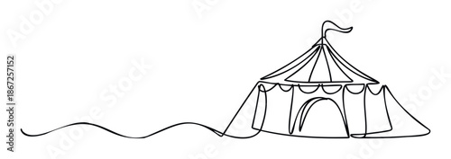 Continuous single line drawing depicting a festive circus tent with a waving flag on top, perfect for event promotions, entertainment invitations, or childrens book layouts.