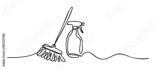 Simple continuous line drawing featuring essential household cleaning tools like a broom and spray bottle, perfect for home maintenance content or domestic service promotions.