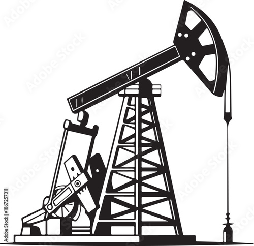 Black and white oil pump jack rig icon, petroleum extraction machinery