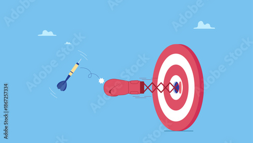 Boxing glove come out of dartboard bullseye to punch dart from target. Tough time or career struggle, trouble, difficulty or obstacle to achieve business target, hard situation to losing competition.