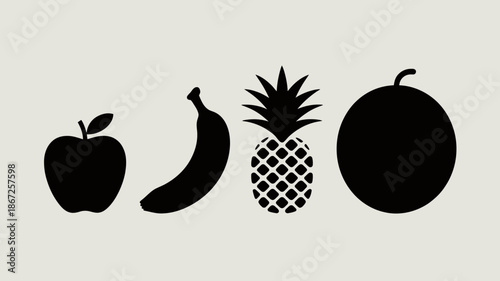 a simple illustration displays a selection of fruits including an apple a banana a pineapple and an orange in black silhouettes high quality professional detailed modern
