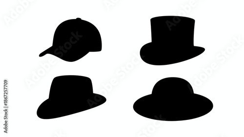 a collection of four distinct hat silhouettes displayed against a plain white background showcasing varying styles and forms in black high quality professional detailed modern elegant