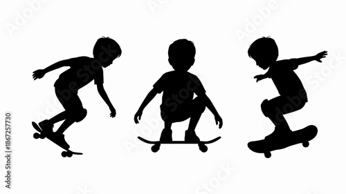 three silhouetted figures of a child skateboarding in different poses showcasing dynamic movement and youthful energy against a stark white background high quality professional detailed modern