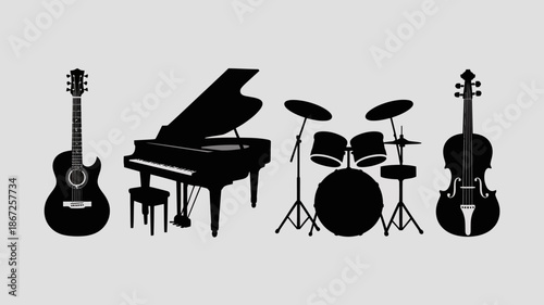 a minimalistic silhouette depiction showcasing the outlines of a piano acoustic guitar drum kit and violin representing musical instruments high quality professional detailed modern elegant stylish