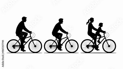 a silhouette depiction showcases a family of four enjoying a leisurely bicycle ride together symbolizing togetherness and outdoor activity high quality professional detailed modern elegant stylish