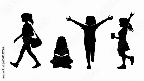 a silhouette depiction showcases a family enjoying a leisurely stroll featuring a walking woman jumping child seated figure and another joyous child high quality professional detailed
