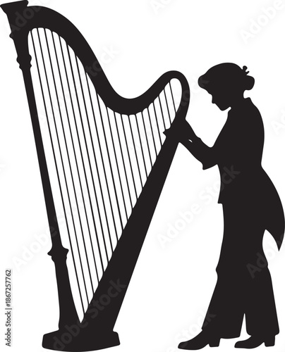 Harpist playing classical concert harp black silhouette on white background
