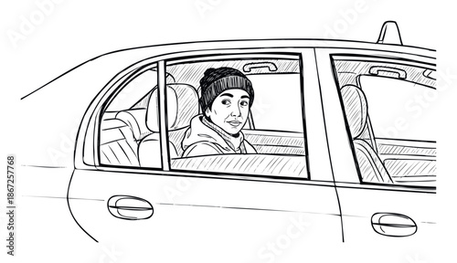 Sketch of a young passenger looking out from the rear window of a sedan, capturing a moment of journey or observation, perfect for lifestyle, travel, and urban mobility narratives