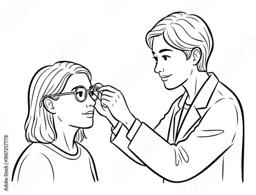 Optician fitting eyeglasses on a smiling young patient during an eye examination, showcasing professional vision care services suitable for health and medical promotion